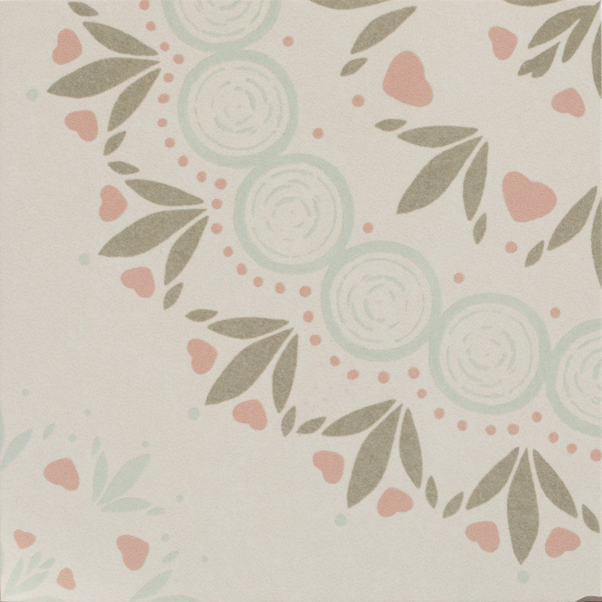 Adventuras Palma Olive Porcelain delicate floral wallpaper with pastel pink hearts sage green leaves and minty blue motifs