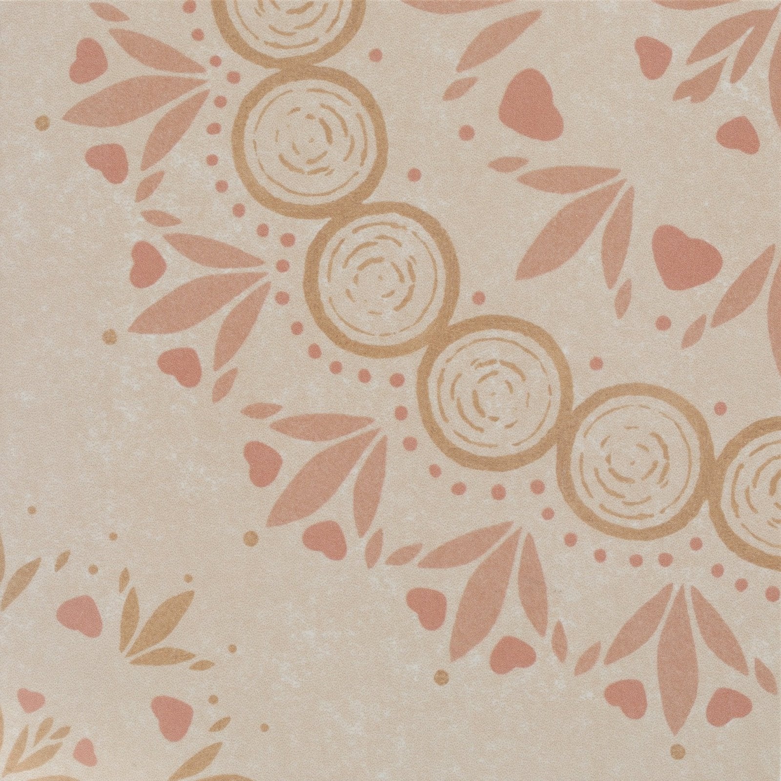 Beige adventuras palma terracotta porcelain wallpaper with delicate peach and gold floral motifs for elegant interiors