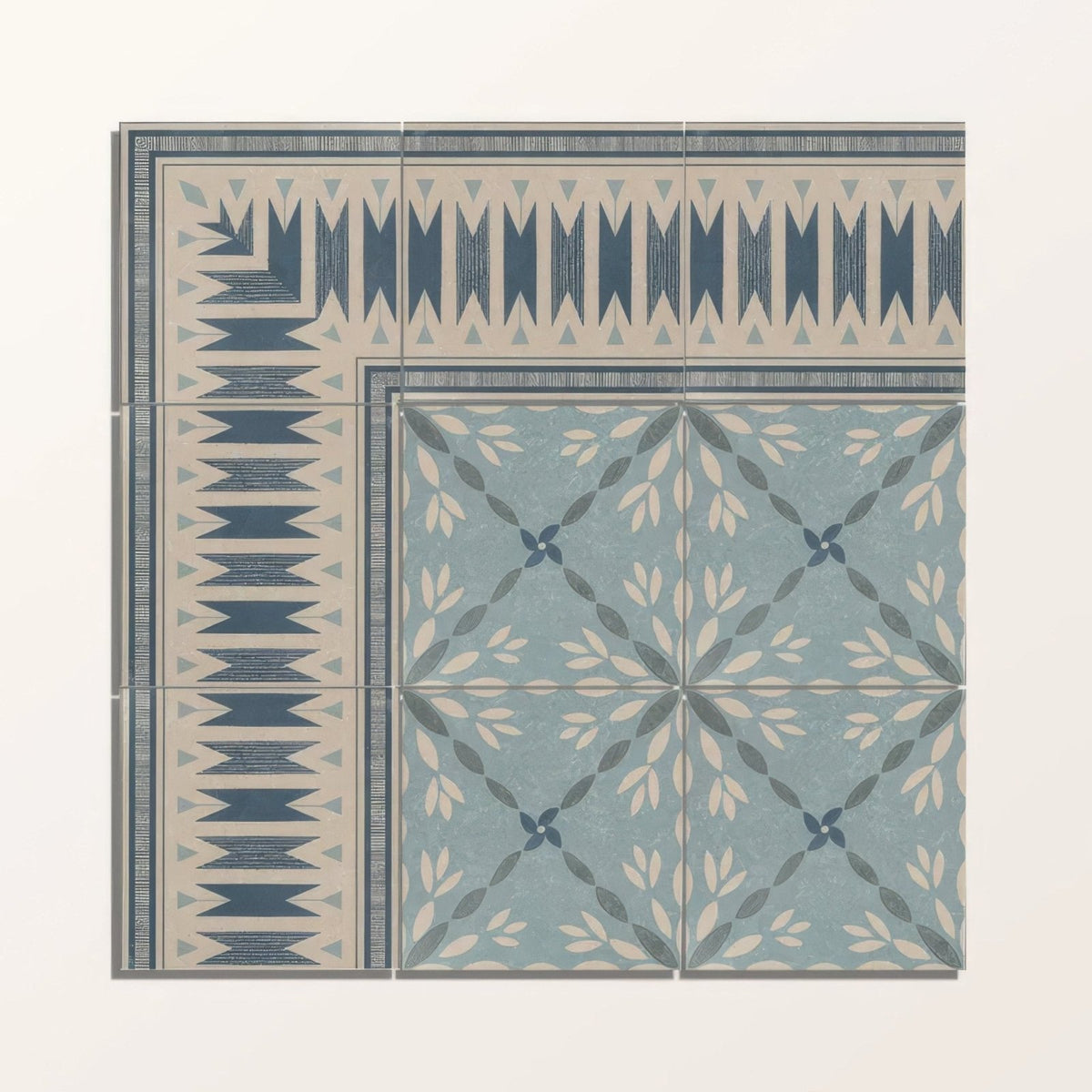 Adventuras Porto blue porcelain ceramic floor tiles with blue and beige geometric and leaf pattern motifs