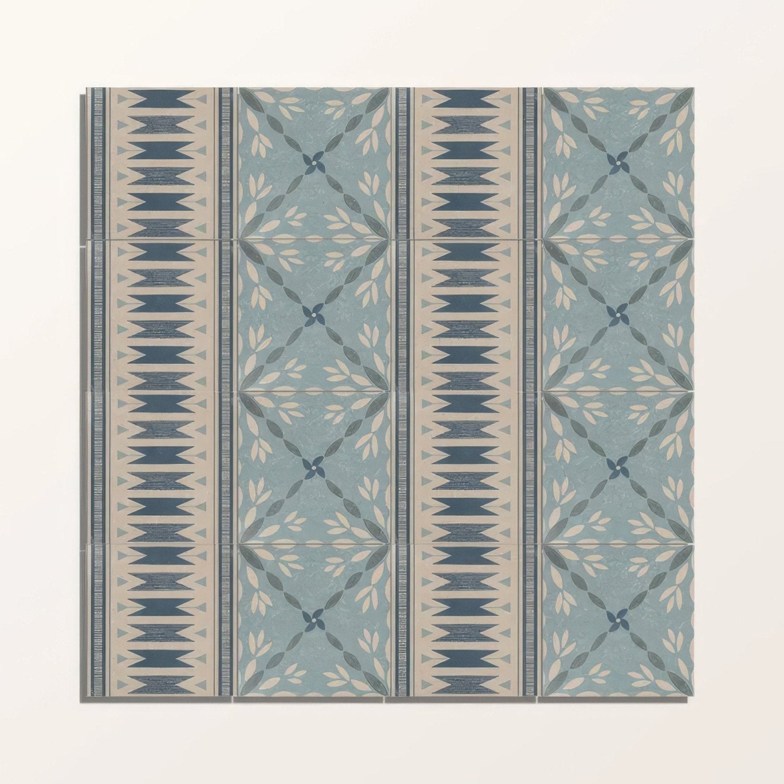 Adventuras Porto Blue porcelain floor tiles with blue and beige geometric and leaf patterned ceramic design