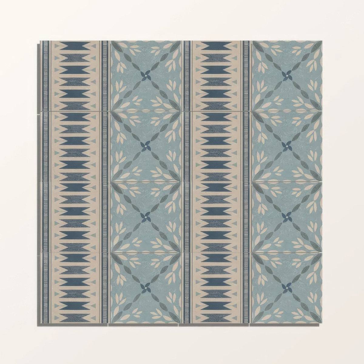 Adventuras Porto Blue porcelain floor tiles with blue and beige geometric and leaf patterned ceramic design