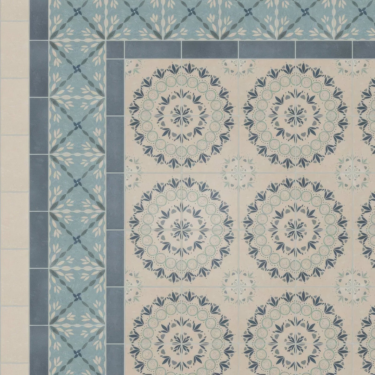 Beige and blue patterned ceramic floor tiles with intricate mandala designs from adventuras porto blue porcelain