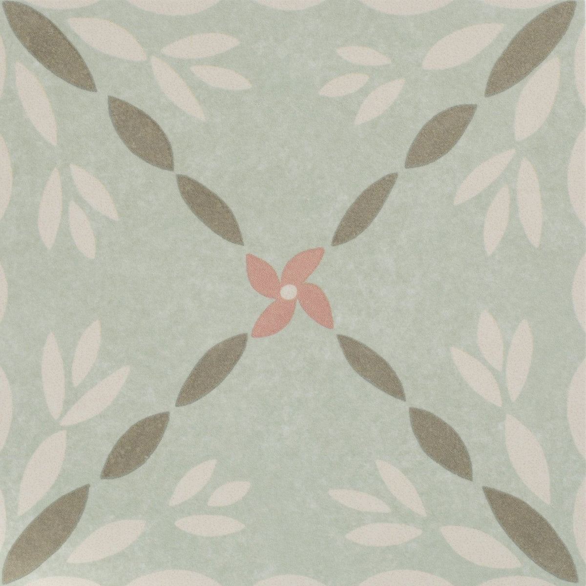 Adventuras Porto Olive porcelain tile with a mint green base featuring a central pink flower and taupe white leaves pattern