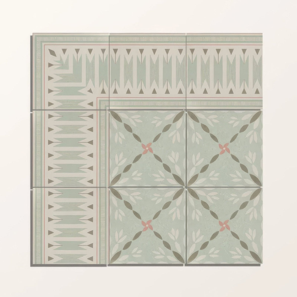 Set of four adventuras porto olive porcelain tiles in muted sage green with geometric and floral gray dusty rose patterns