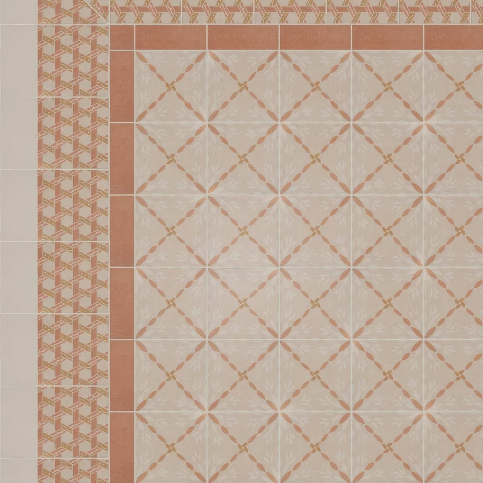 Adventuras Porto terracotta porcelain floor tiles with beige and terracotta patterned ceramic and woven border design
