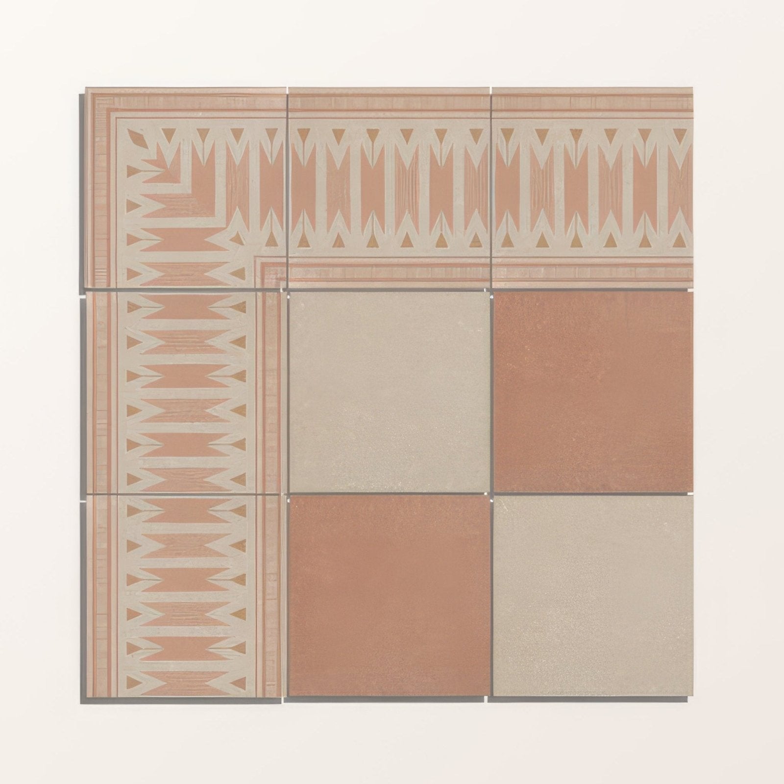 A square adventuras terracotta field porcelain tile panel with muted terracotta and beige geometric mosaic pattern
