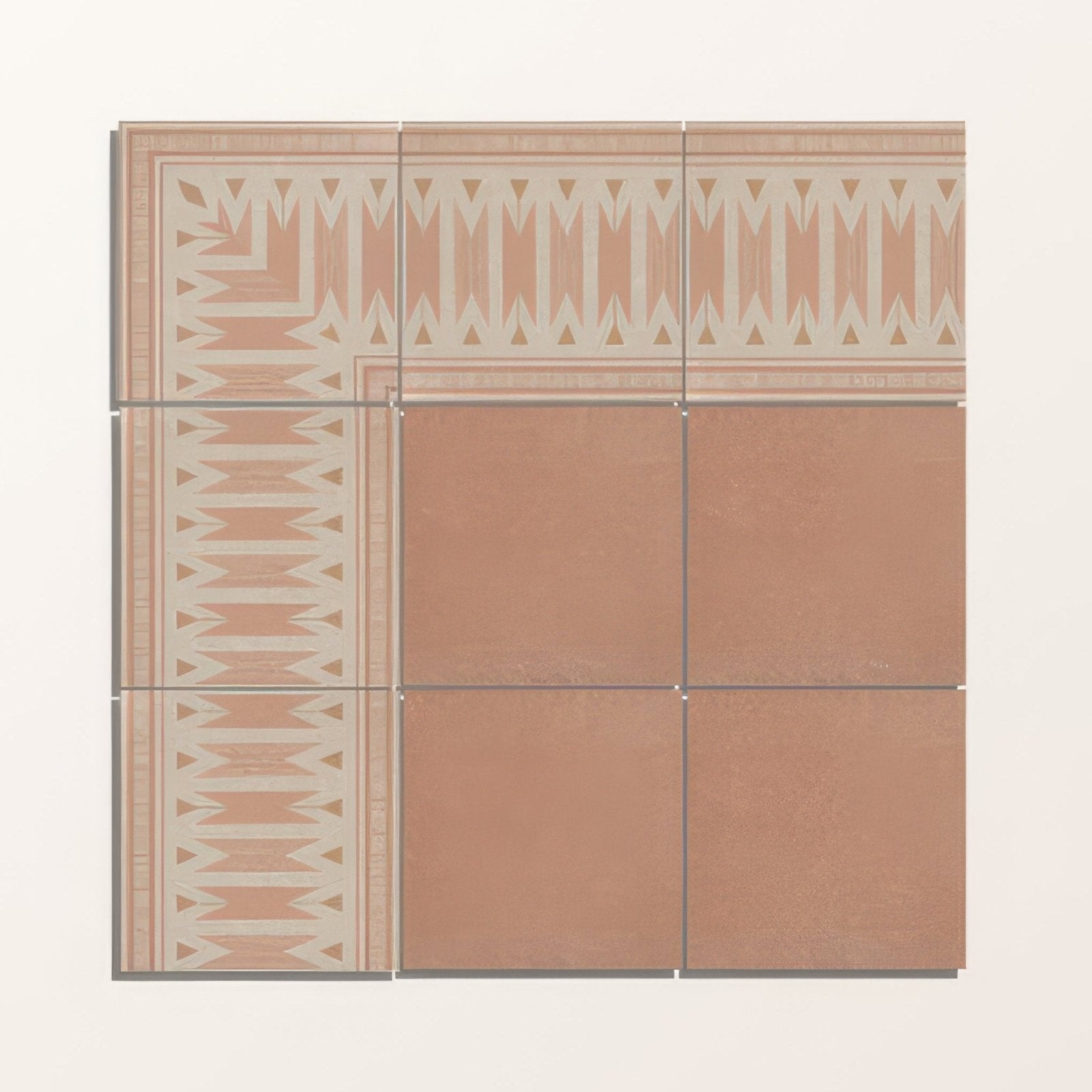 Adventuras terracotta field porcelain tiles in terracotta with a geometric cream and muted pink decorative border