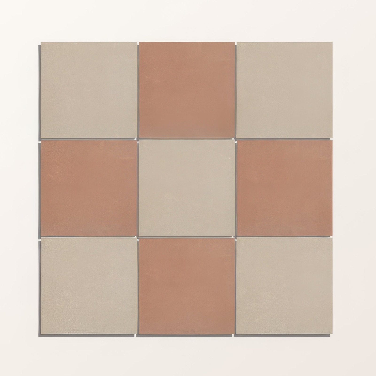 Adventuras terracotta field porcelain minimalist abstract art with nine square tiles in beige and warm terracotta tones