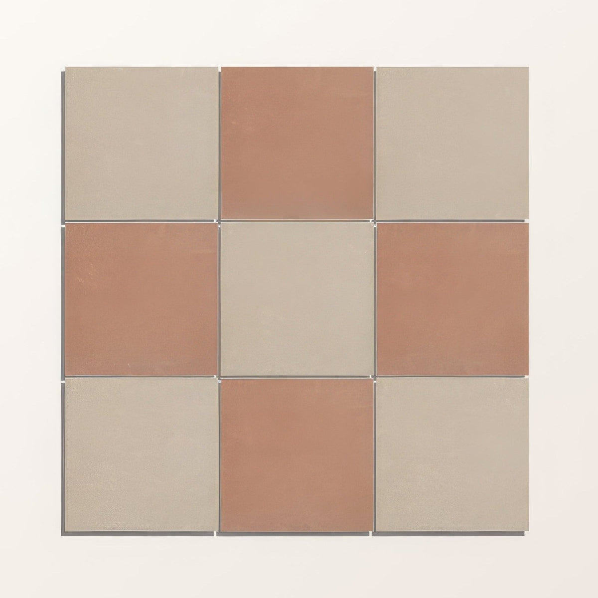 Adventuras terracotta field porcelain minimalist abstract art with nine square tiles in beige and warm terracotta tones