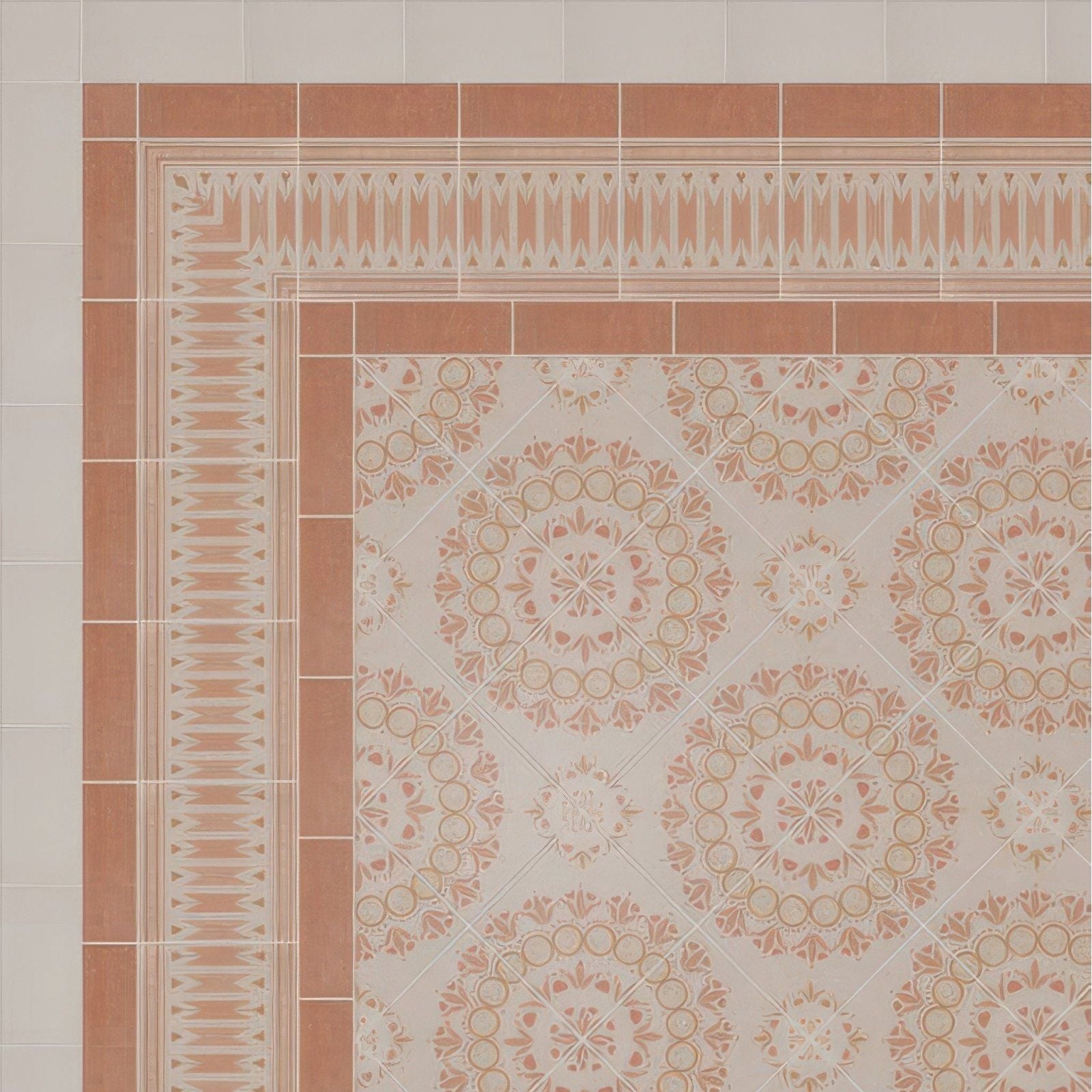 Adventuras terracotta field porcelain tile with terracotta and cream ceramic pattern and ornate geometric border design
