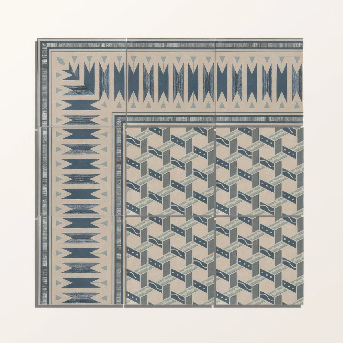 Set of six adventuras ziggy border blue porcelain square ceramic tiles with geometric patterns in muted blue gray and beige tones
