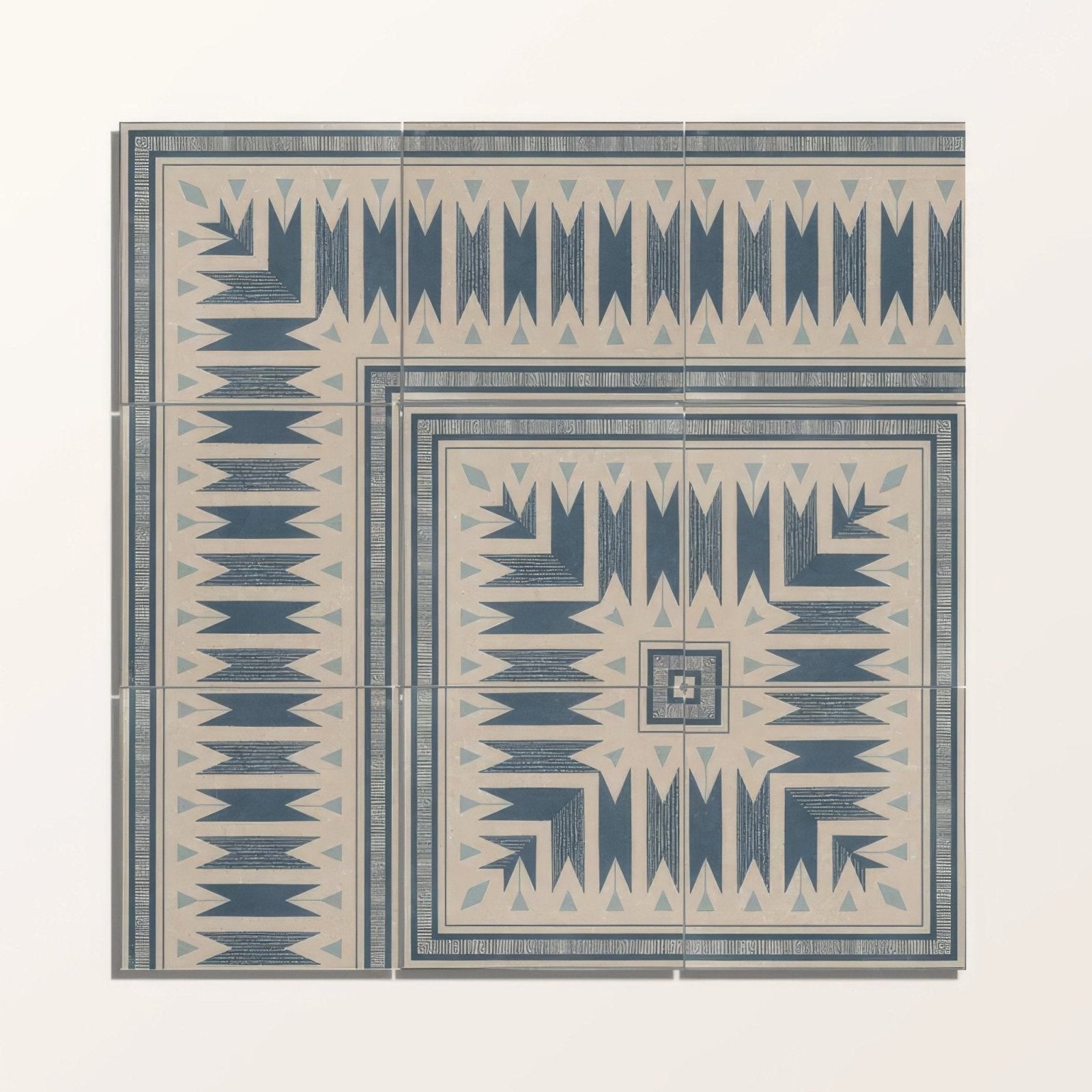 Set of four adventuras ziggy border blue porcelain tiles with navy blue and beige tribal-inspired geometric patterns