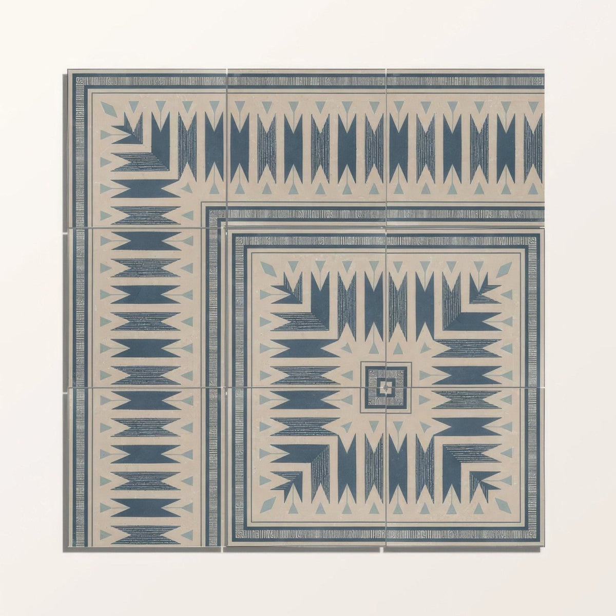 Set of four adventuras ziggy border blue porcelain tiles with navy blue and beige tribal-inspired geometric patterns