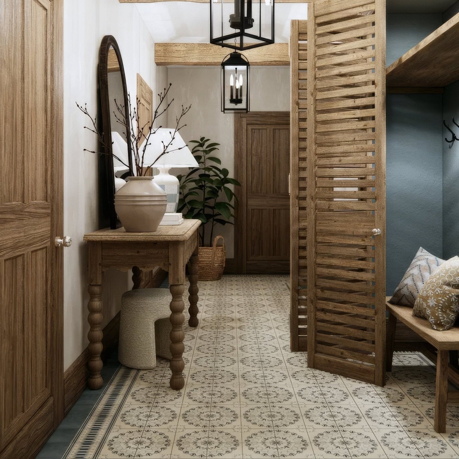 A rustic wooden console table with turned legs and natural finish topped with a round beige ceramic vase from adventuras ziggy border blue porcelain