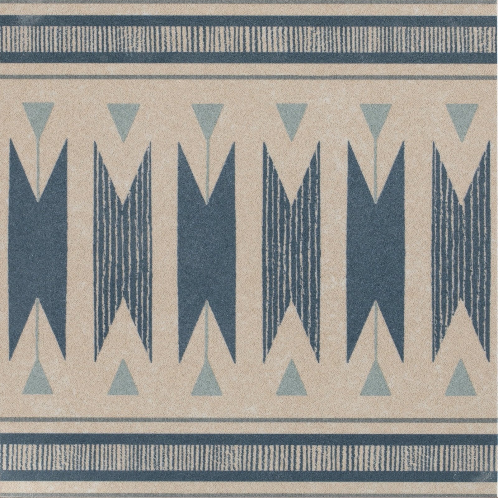 Beige and navy blue geometric patterned wallpaper with stylized arrow motifs from adventuras ziggy border blue porcelain collection