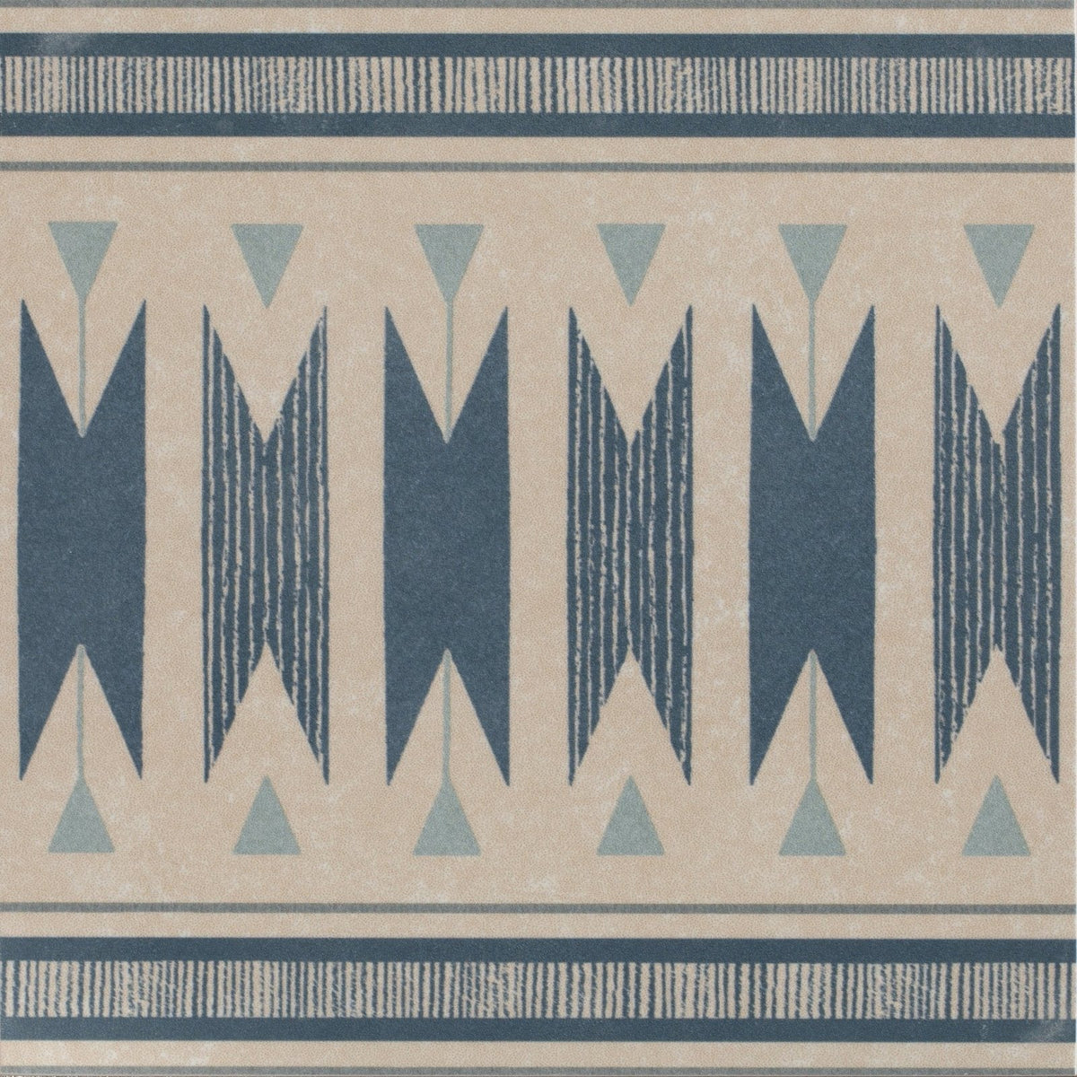 Beige and navy blue geometric patterned wallpaper with stylized arrow motifs from adventuras ziggy border blue porcelain collection