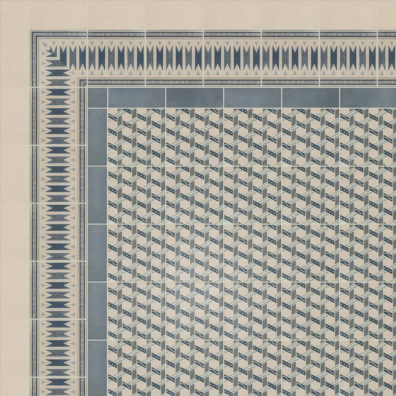 Beige and navy blue patterned ceramic tile with geometric border design in adventuras ziggy border blue porcelain