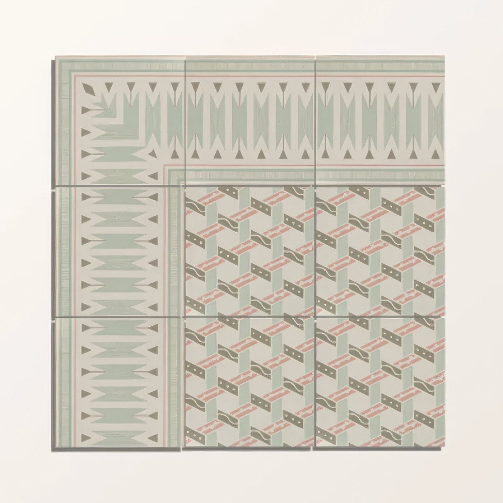 Six-inch square adventuras ziggy border olive porcelain tile with vintage geometric pattern in sage green dusty rose and charcoal gray