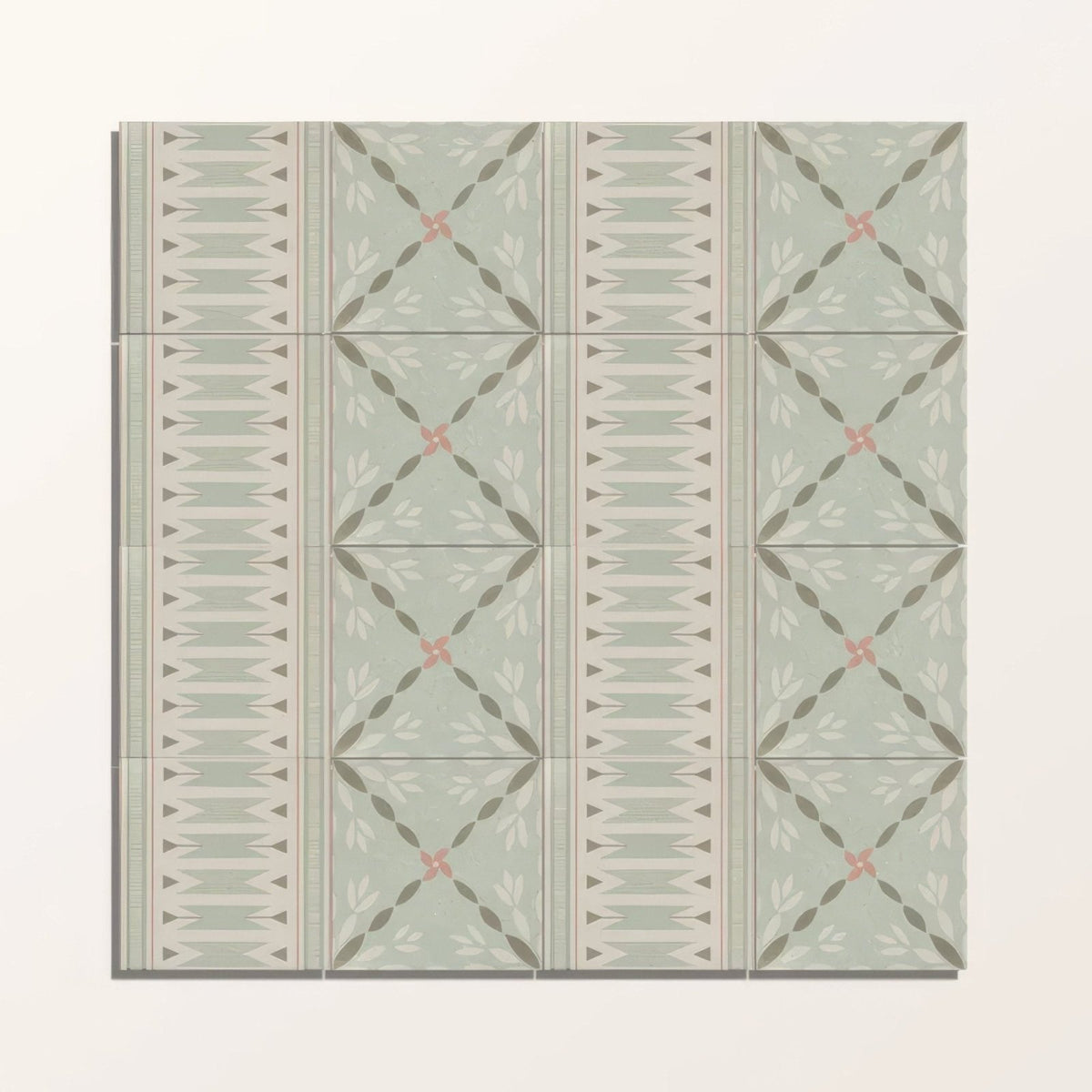Set of six adventuras ziggy border olive porcelain floor tiles with light green vintage geometric and floral pattern