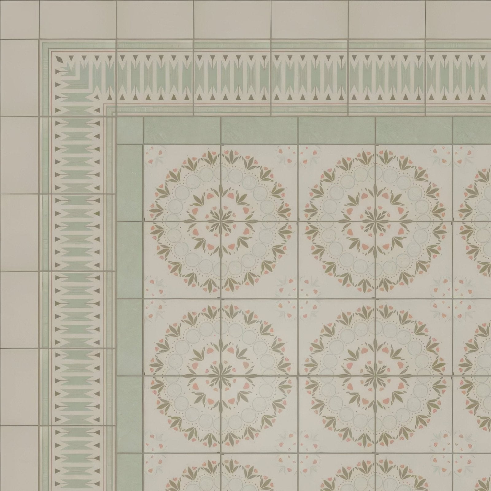 Adventuras Ziggy Border Olive porcelain ceramic floor tiles with vintage floral mandala patterns in sage green and pink