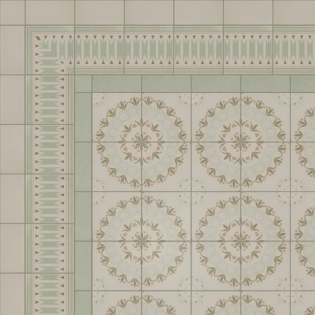 Adventuras Ziggy Border Olive porcelain ceramic floor tiles with vintage floral mandala patterns in sage green and pink