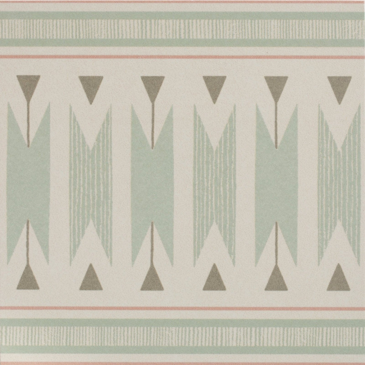 Adventuras Ziggy Border Olive Porcelain geometric wallpaper with muted sage green taupe and cream arrow patterns and striped borders