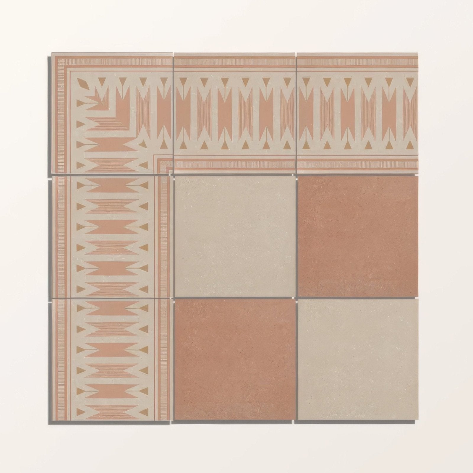 Adventuras ziggy border terracotta porcelain ceramic tiles with terracotta and beige geometric patterned design