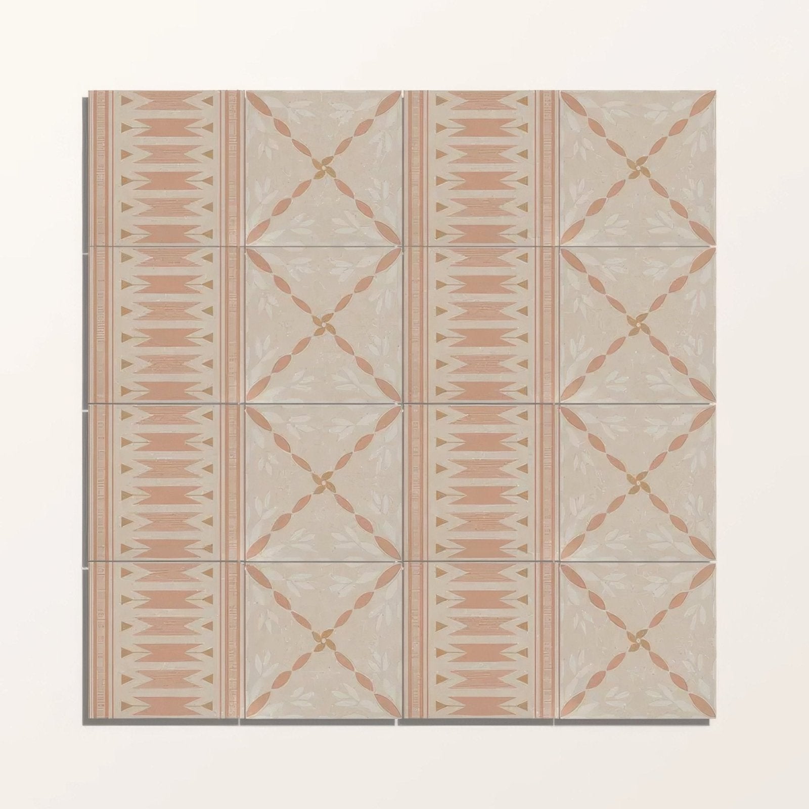 Beige and blush pink patterned adventuras ziggy border terracotta porcelain ceramic floor tiles with geometric and floral motifs