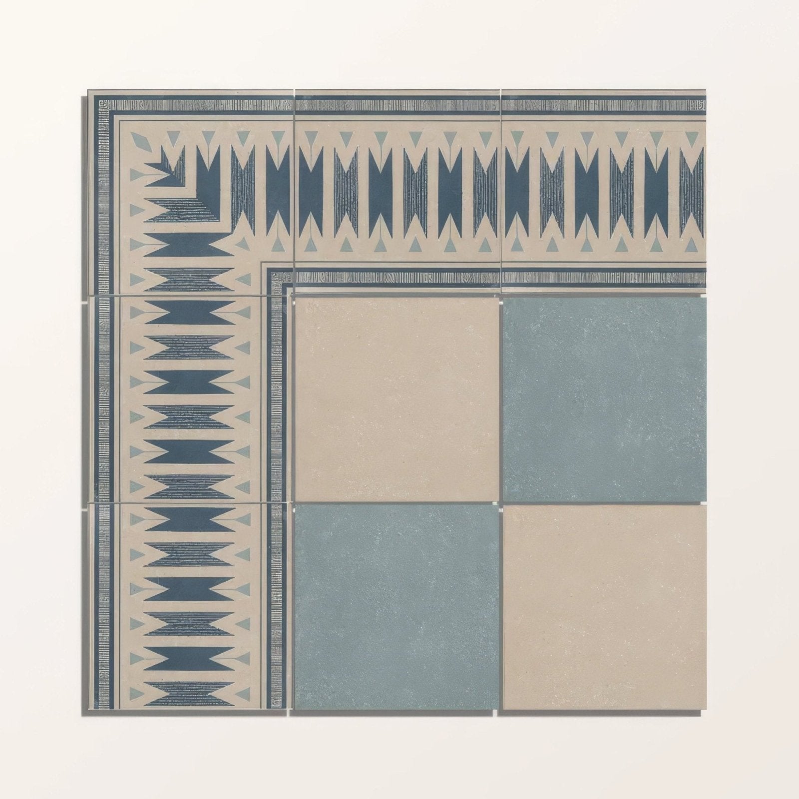 Square mosaic tile set with geometric pattern in muted blue beige and gray tones made of porcelain for walls or floors