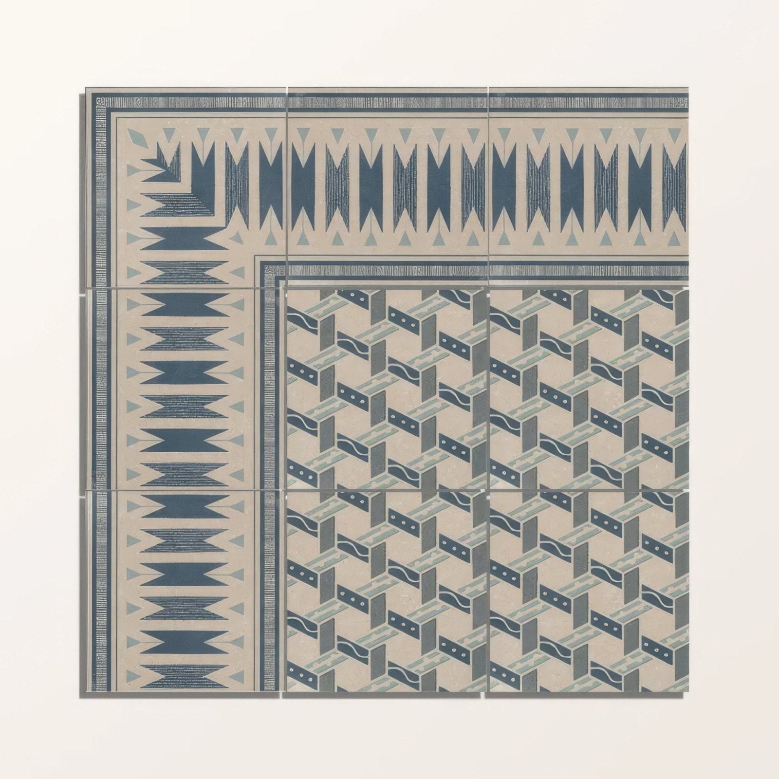 Set of six adventuras ziggy corner blue porcelain square ceramic tiles with navy blue gray and beige geometric patterns