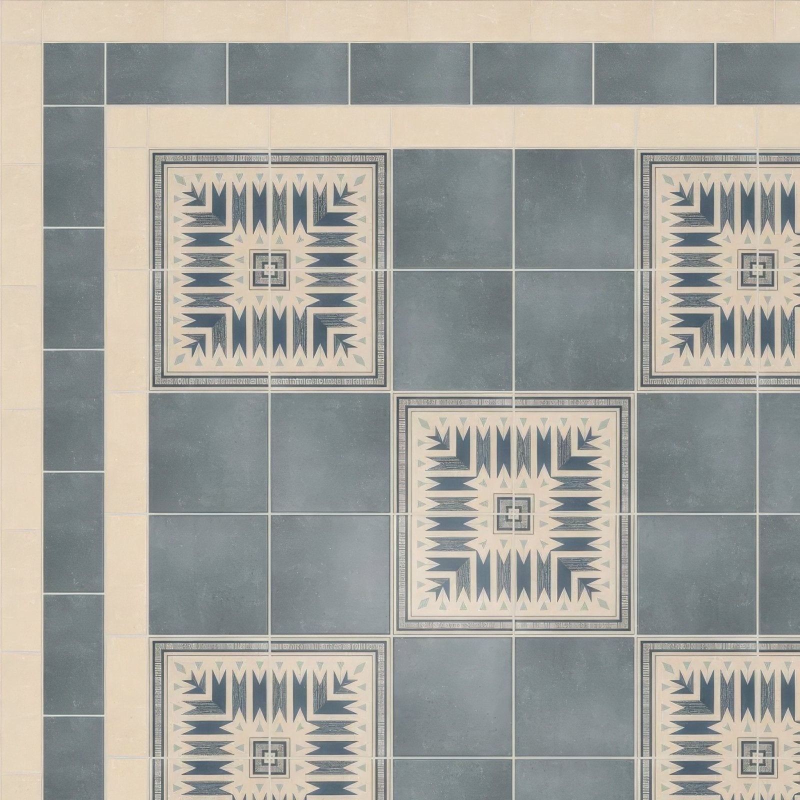 Blue and cream geometric patterned porcelain floor tiles with vintage-inspired design from Adventuras Ziggy Corner blue