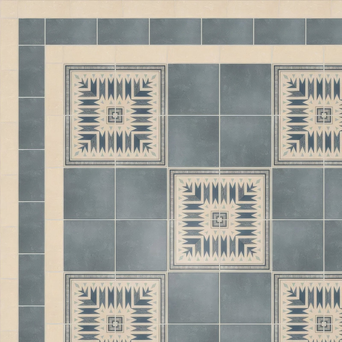 Blue and cream geometric patterned porcelain floor tiles with vintage-inspired design from Adventuras Ziggy Corner blue