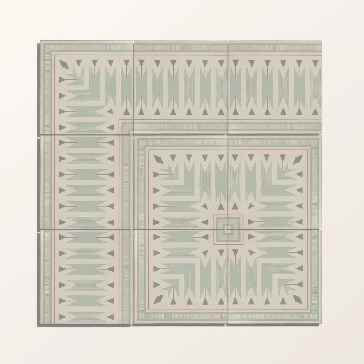 Six-panel mosaic tile set featuring a symmetrical geometric pattern in muted sage green cream and subtle red accents porcelain