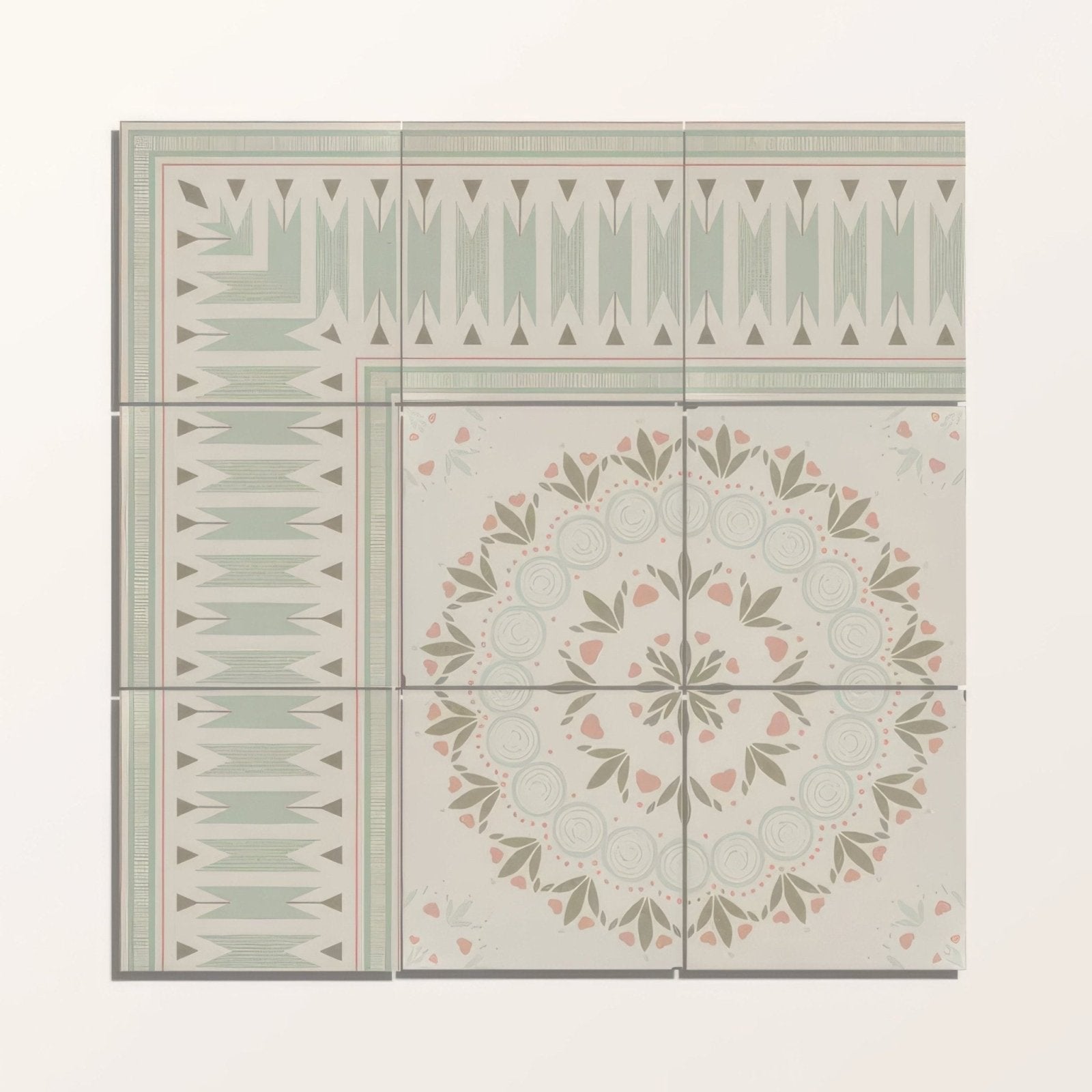 Set of four adventuras ziggy corner olive porcelain ceramic floor tiles with vintage sage green pink and gray geometric design