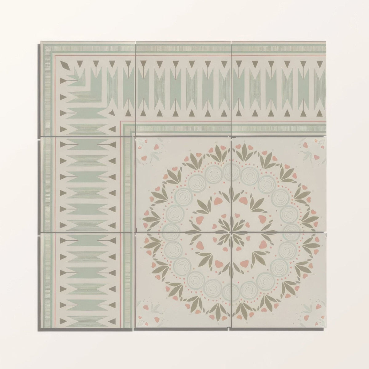 Set of four adventuras ziggy corner olive porcelain ceramic floor tiles with vintage sage green pink and gray geometric design