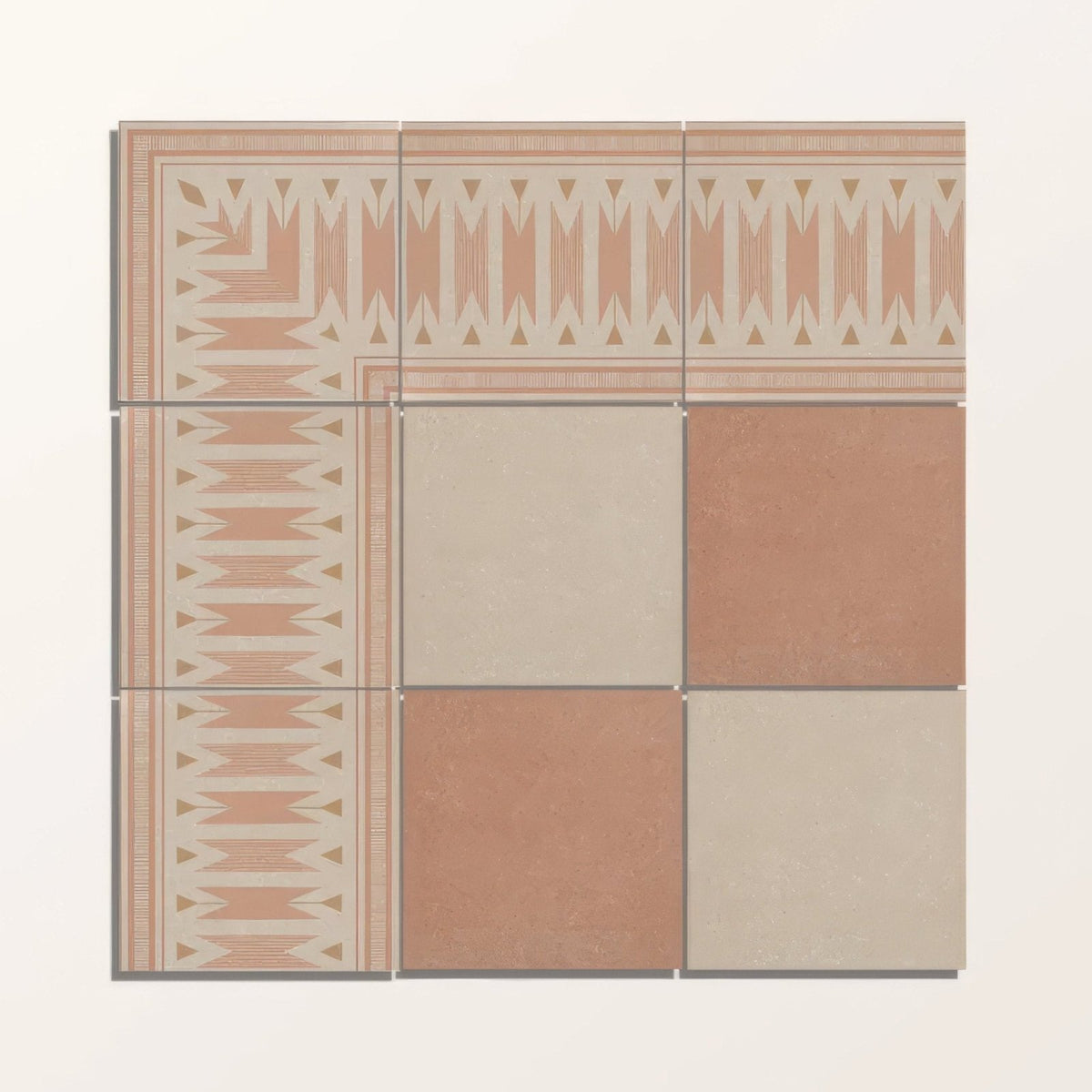 Set of six terracotta and beige geometric patterned square porcelain tiles from adventuras ziggy corner terracotta collection