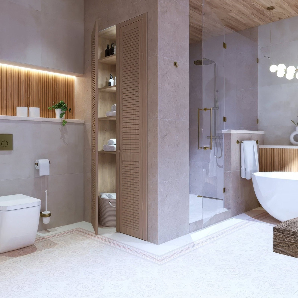 Modern bathroom featuring adventuras ziggy corner terracotta porcelain with beige marble and gold fixtures
