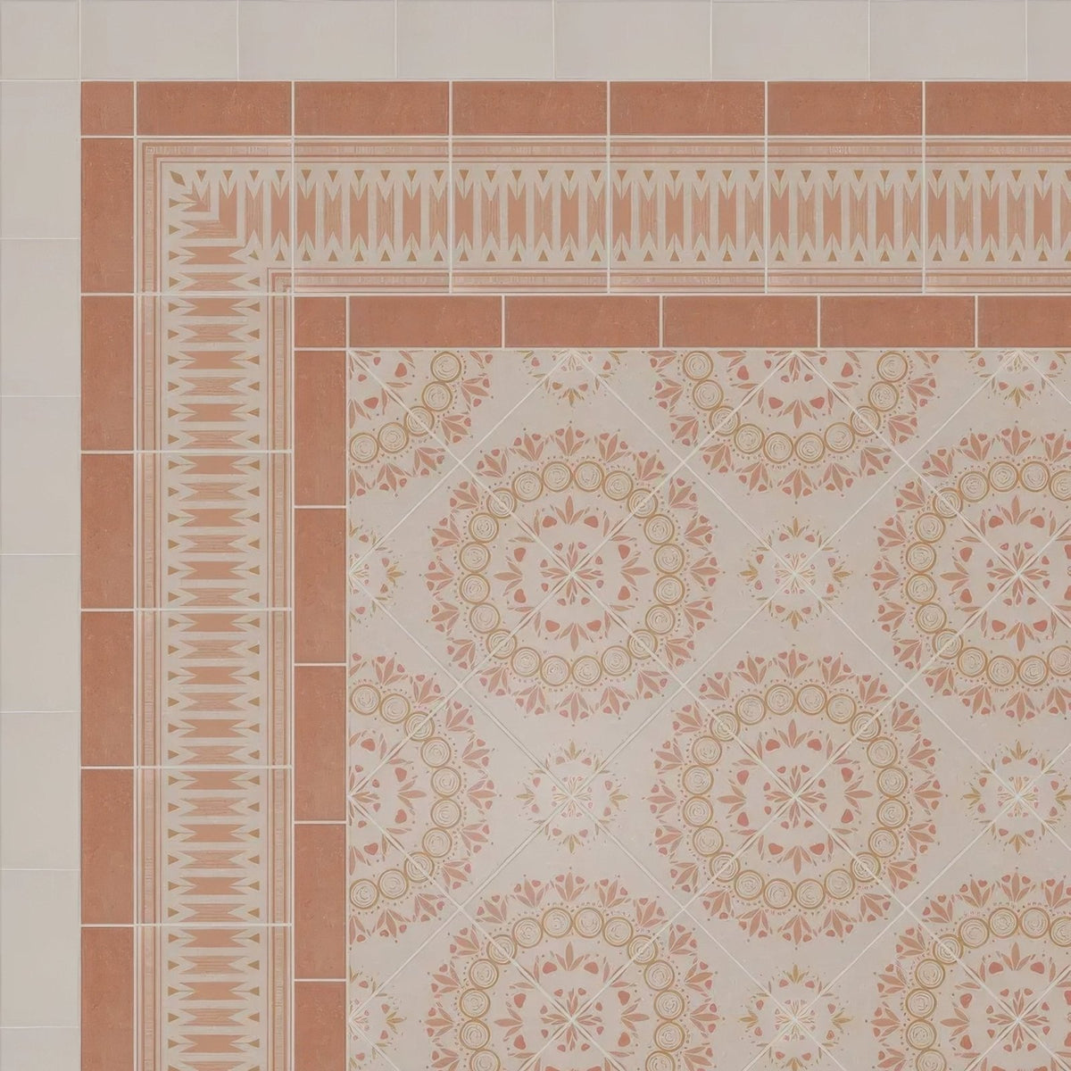 Adventuras ziggy corner terracotta porcelain ceramic floor tiles with terracotta and cream ornate geometric floral pattern