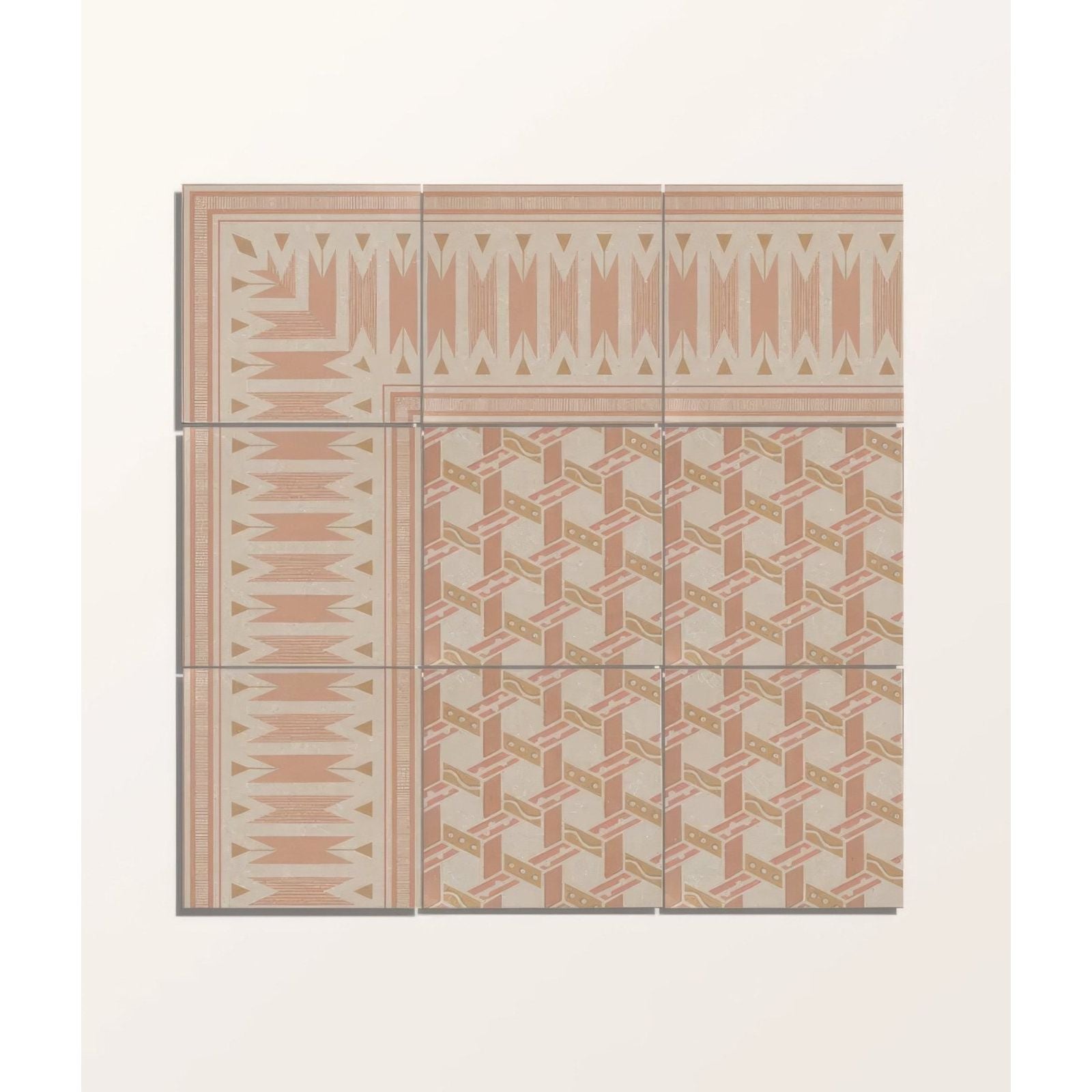 Six square adventuras ziggy corner terracotta porcelain tiles with geometric patterns in muted terracotta beige and gold accents
