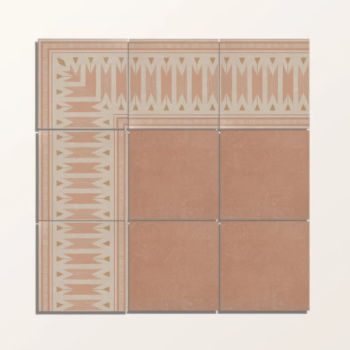 Adventuras ziggy corner terracotta porcelain ceramic tiles with geometric beige and muted peach pattern