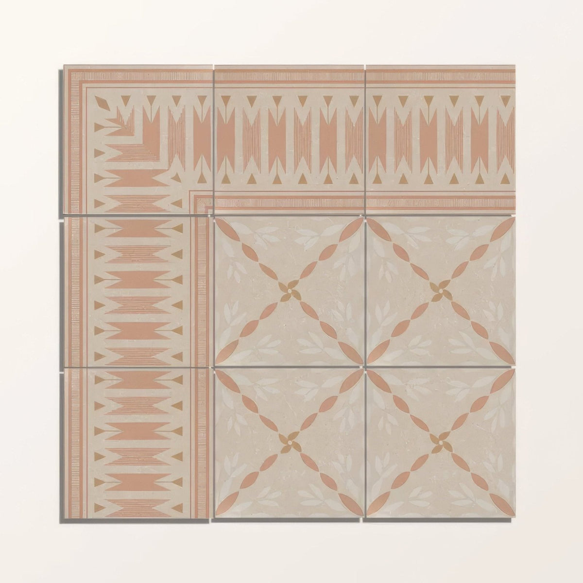 Beige and terracotta patterned ceramic floor tiles with geometric and floral motifs in Adventuras Ziggy Corner Terracotta porcelain