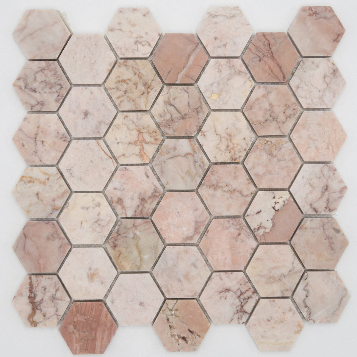Aegean pink large hexagon marble mosaic tiles in pink marble with subtle veining and natural stone texture