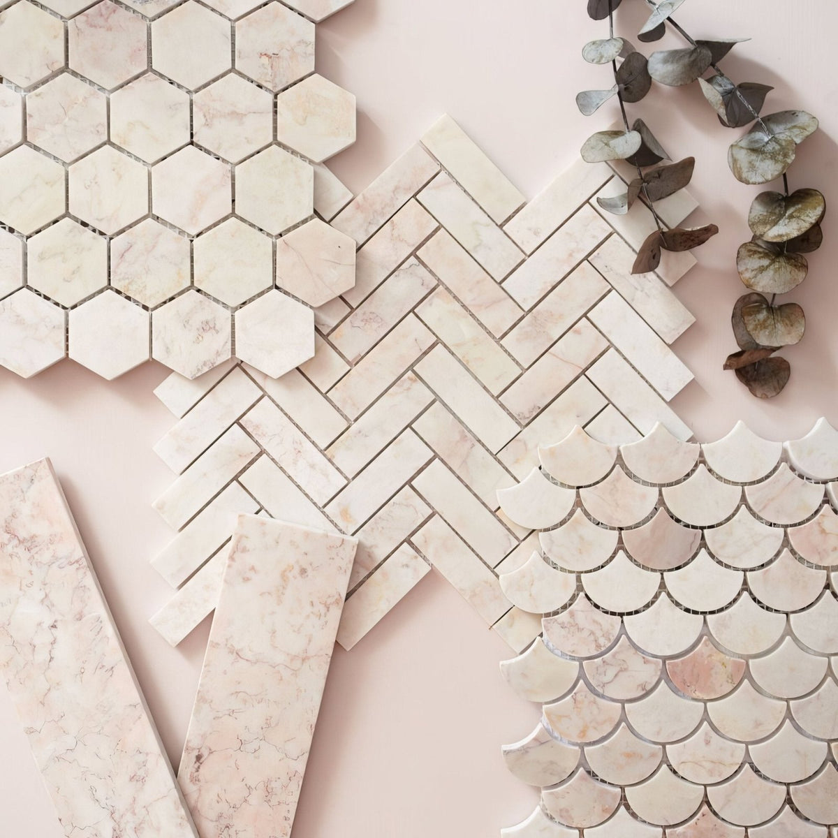 Beige marble mosaic tiles in hexagonal herringbone and fish scale patterns from aegean pink large hexagon collection