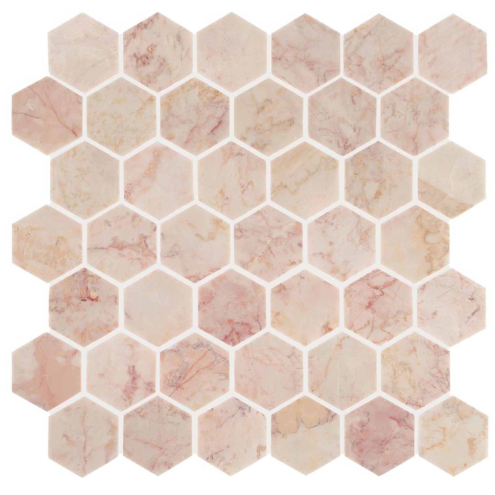 Aegean pink large hexagon marble mosaic tiles with subtle veining and a smooth polished finish in pink marble