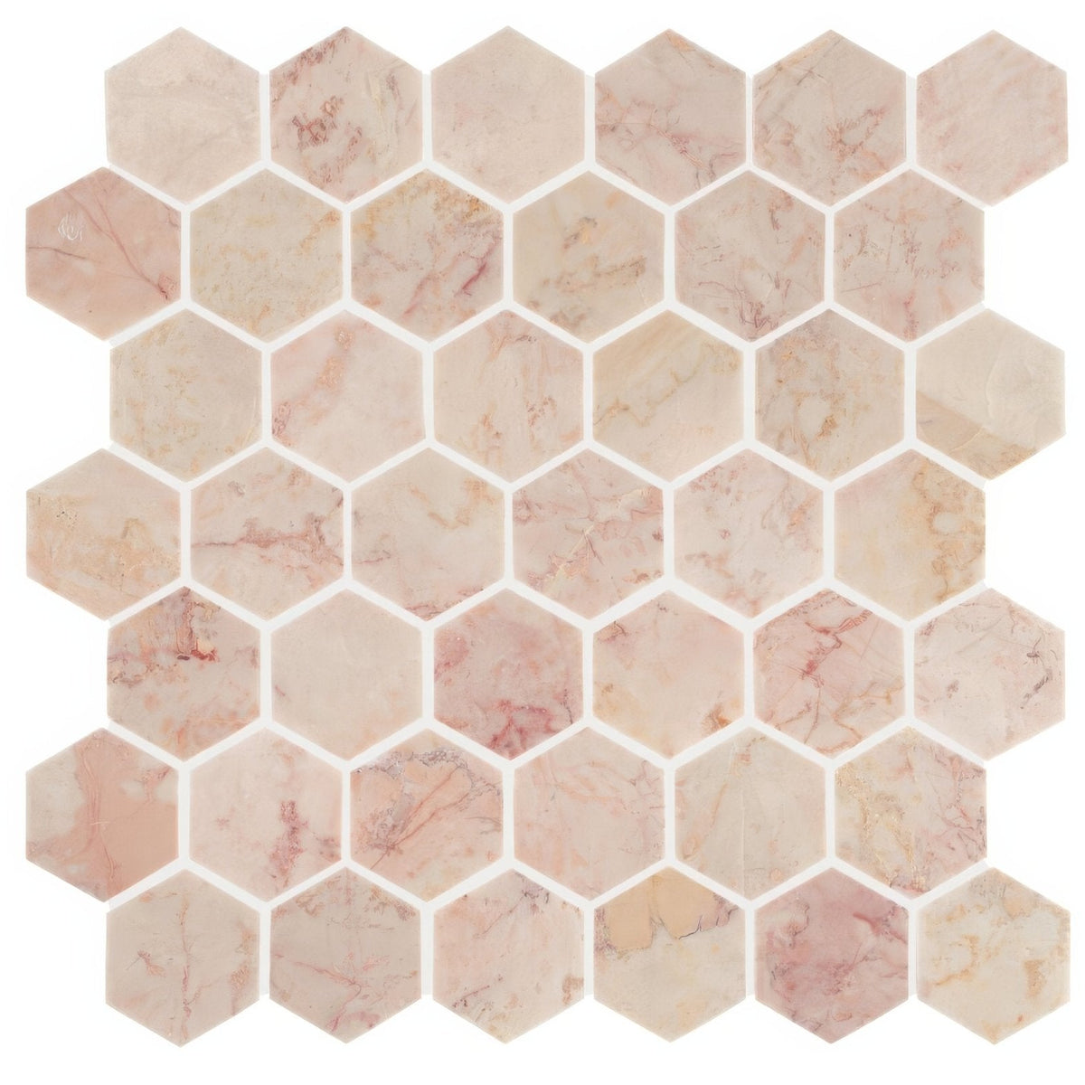 Aegean pink large hexagon marble mosaic tiles with subtle veining and a smooth polished finish in pink marble