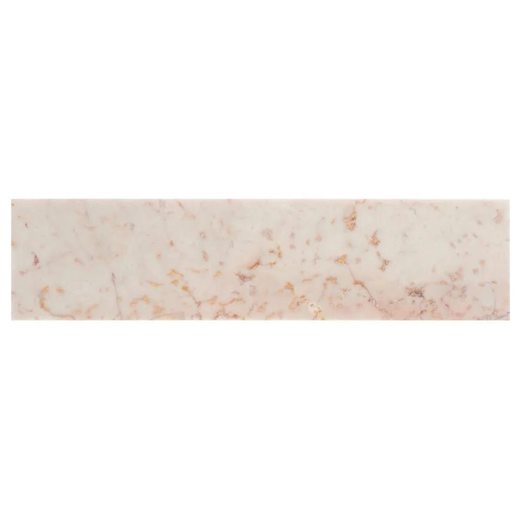 Aegean pink marble rectangular tile measuring 7.5 by 30.5 cm with subtle golden veining on a pink base