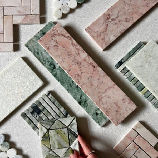 Aegean Pink Marble 7.5 x 30.5cm marble mosaic sample tile held in hand