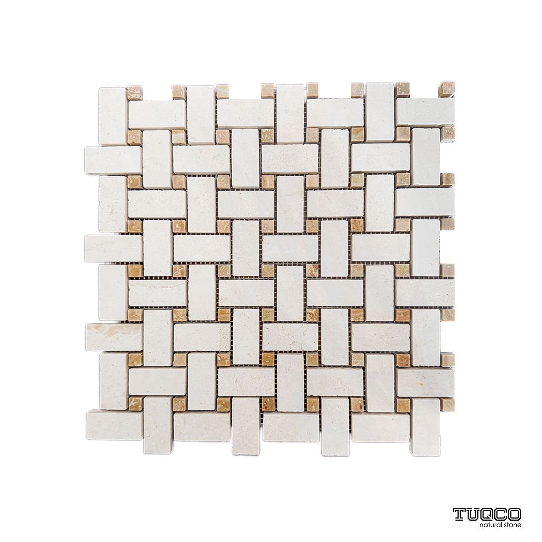 Full mesh-backed sheet of honed Shellstone limestone basket weave mosaic in warm beige