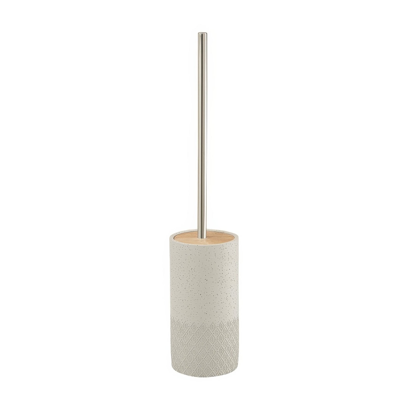 Afrodite toilet brush with a speckled beige ceramic diamond embossed base and a polished stainless steel handle
