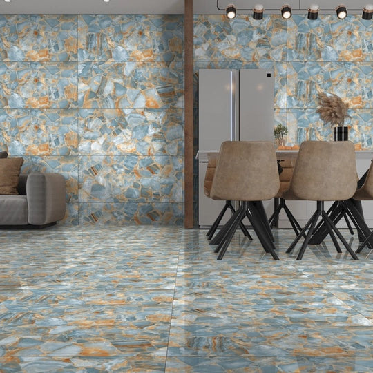 Agate aqua 60 x 120cm blue and gold mosaic tile flooring with polished stone-like finish